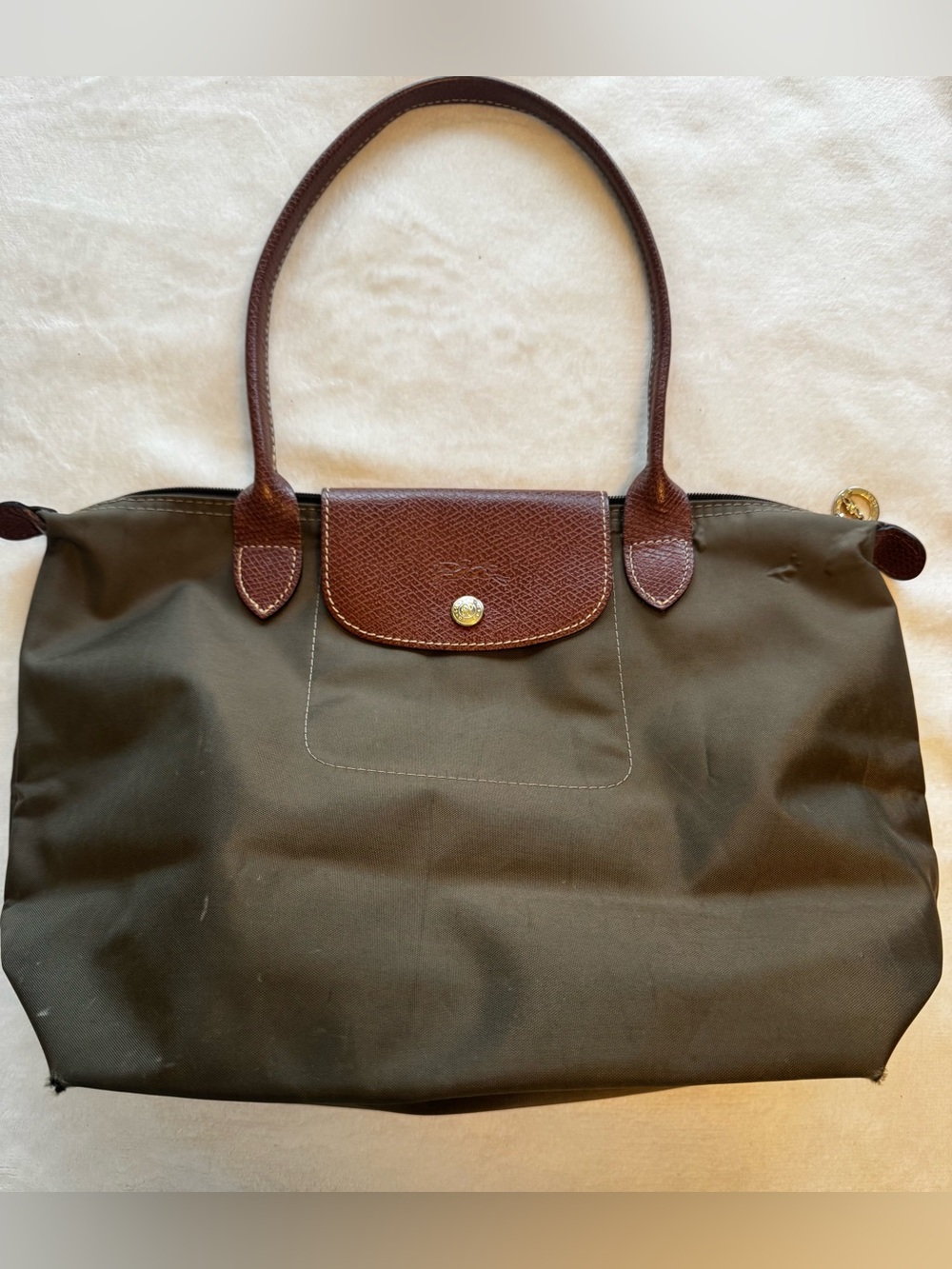 Longchamp Le Pliage Large Olive Green Nylon Leather Shoulder Tote